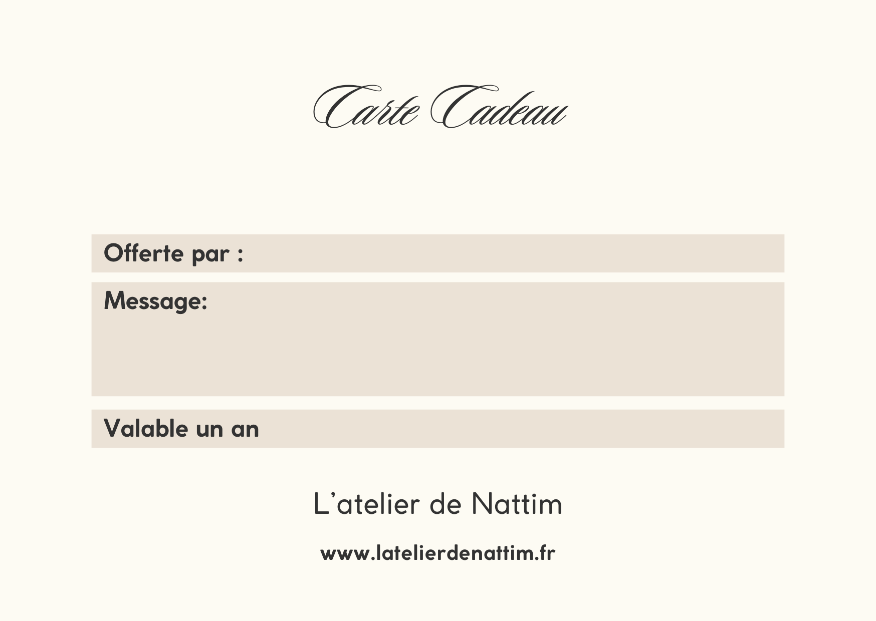 Carte cadeau l'atelier de Nattim